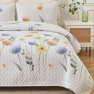 New Blue & Yellow Floral 3-Piece 100% Polyester Quilt Set • Reversible • KING